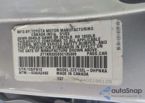 2003 Toyota Matrix Xr из США, поврежденный, VIN 2T1KR32E83C135309